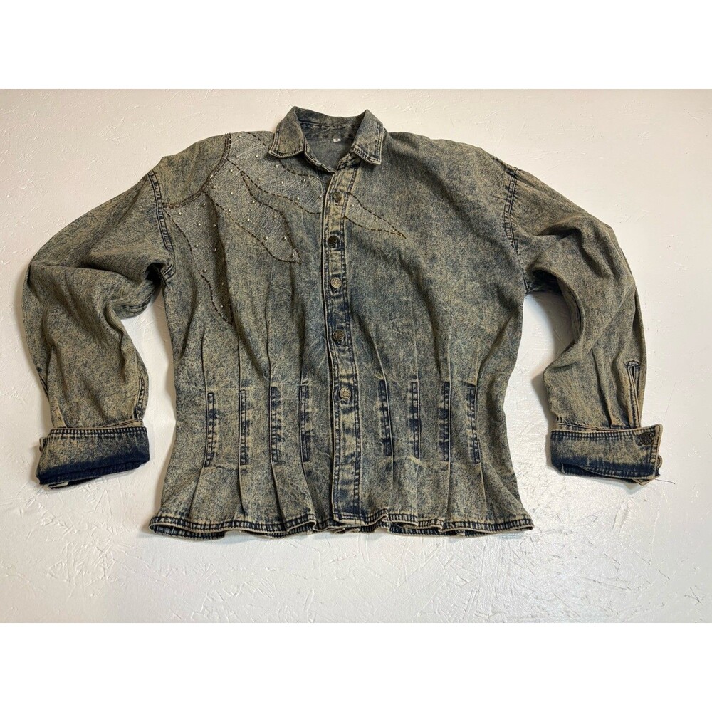 Vint1973 Women's Blue Beige Jean Jacket Embroidered Beaded Pleated Long Sleeve M